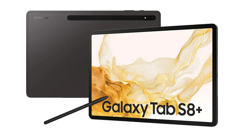 Zwei Tablets, eines im Hintergrund, das andere im Vordergrund mit Stift. Auf dem Bildschirm steht "Galaxy Tab S8+".