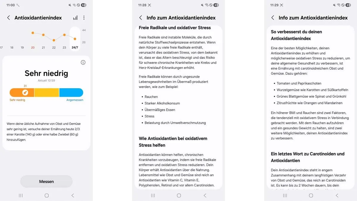 Drei Screenshots zeigen den von der Galaxy Watch8 gemessenen Antioxidantien-Index sowie Erklärungen dazu.