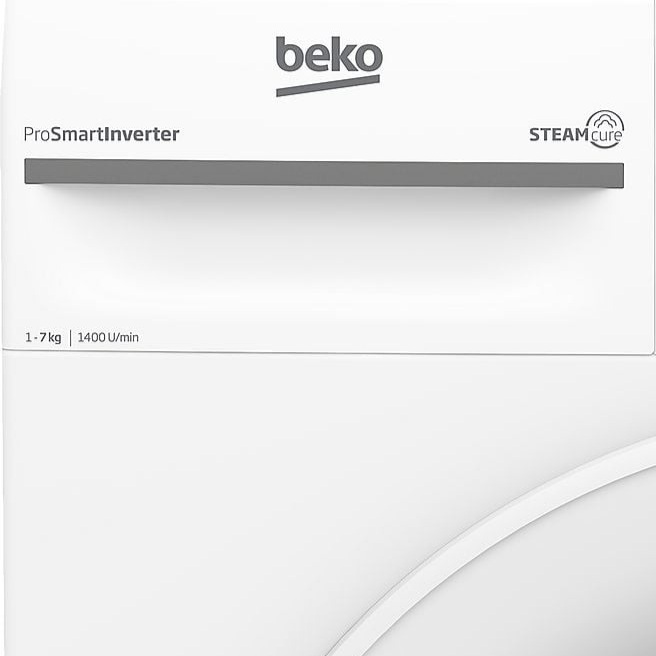 Κοντινό πλάνο του πλυντηρίου ρούχων BEKO BMMWFU374A με την ένδειξη για τη λειτουργία ατμού STEAMcure και τον κινητήρα ProSmartInverter.