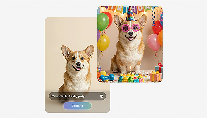 Vorher-Nachher-Gegenüberstellung des Creative Studios, mit dem das Foto eines Hundes bearbeitet wurde.