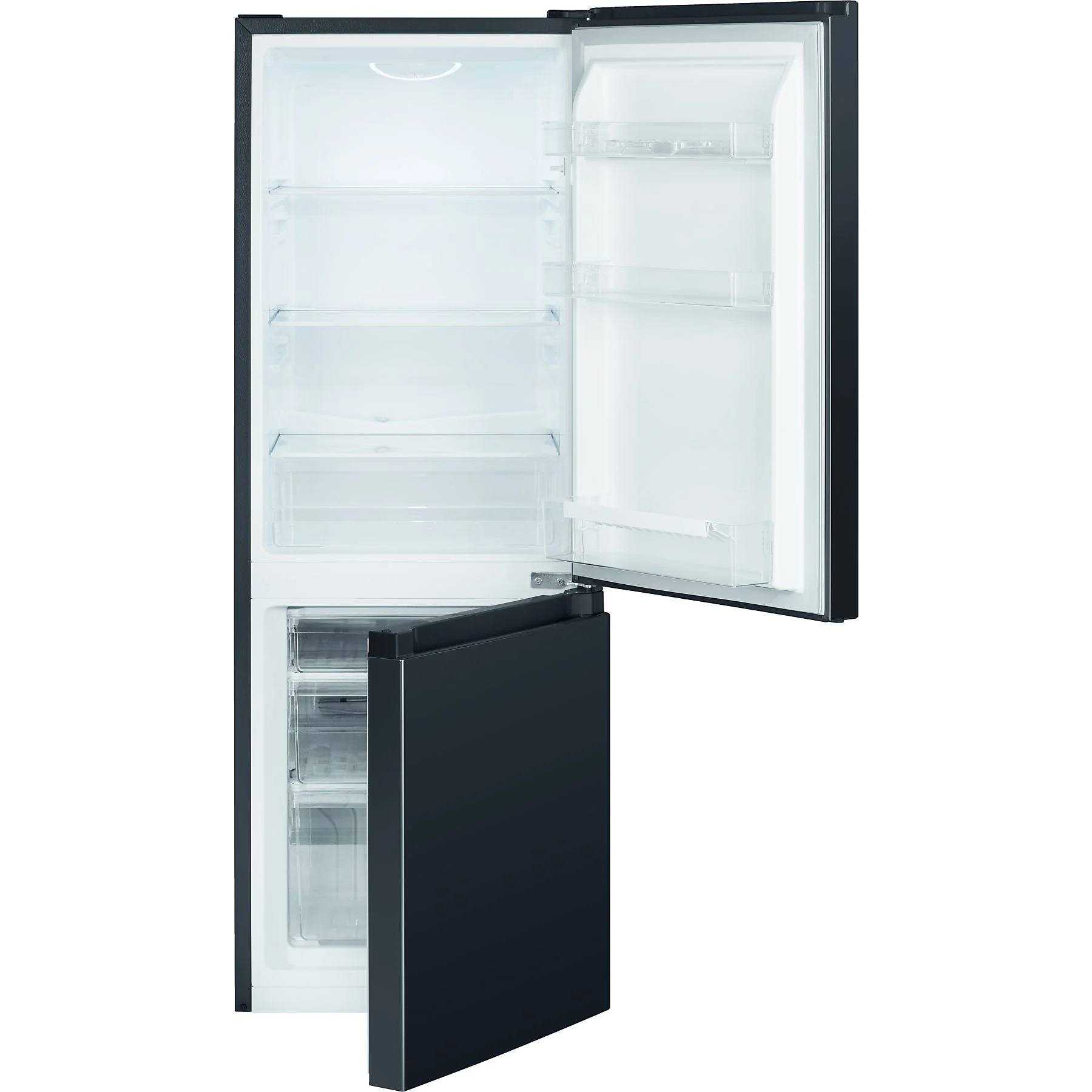 Combinație frigider-congelator BOMANN KG 320.2, frontală neagră, sus deschis, jos, ușă aproape închisă