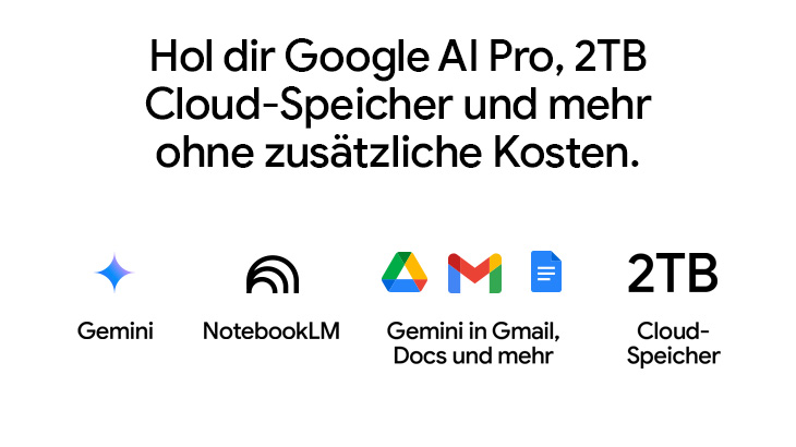 Werbung für Google AI Pro auf weißem Hintergrund: Google AI Pro, 2TB Cloud-Speicher und mehr Vorteile beim Kauf eines Chromebooks für begrenzte Dauer
