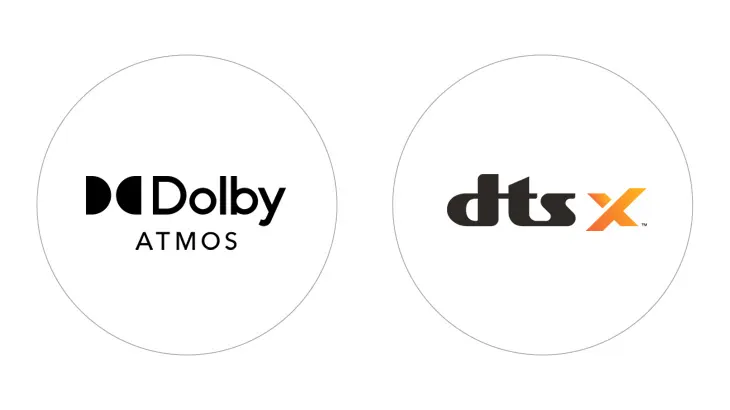 Zwei Kreise zeigen Logos: links "Dolby Atmos" in Schwarz, rechts "dtsX", wobei X orange ist, auf weißem Hintergrund.