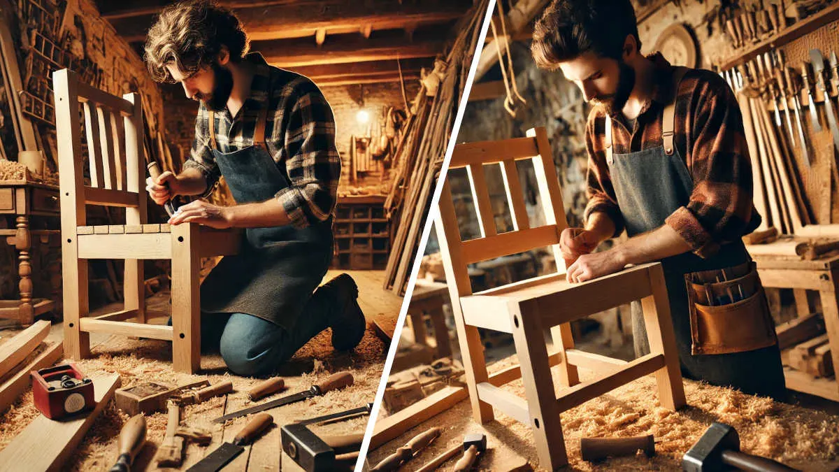 Handwerker in Werkstatt, kariertes Hemd, Schürze, bearbeitet Holzstuhl. Werkzeuge, Hobelspäne auf Boden, Hintergrund: Holzregale, Werkbank.