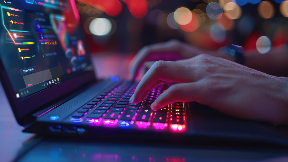 Eine Person tippt auf der Tastatur eines Gaming-Laptops mit RGB-Beleuchtung. (Adobe Stock, Datei Nr.: #795726051) 