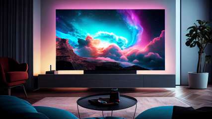 Ein Fernseher mit einem bunt leuchtenden Display steht in einem Wohnzimmer.