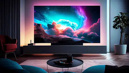Ein Wohnzimmer mit einem großen Fernseher, der ein farbenfrohes Weltraumthema anzeigt, über einem grauen Medienschrank.