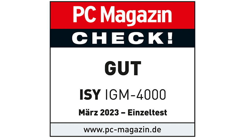 PC Magazin Check! GUT ISY IGM-4000 März 2023 - Einzeltest www.pc-magazin.de in roter, schwarzer und weißer Schrift.