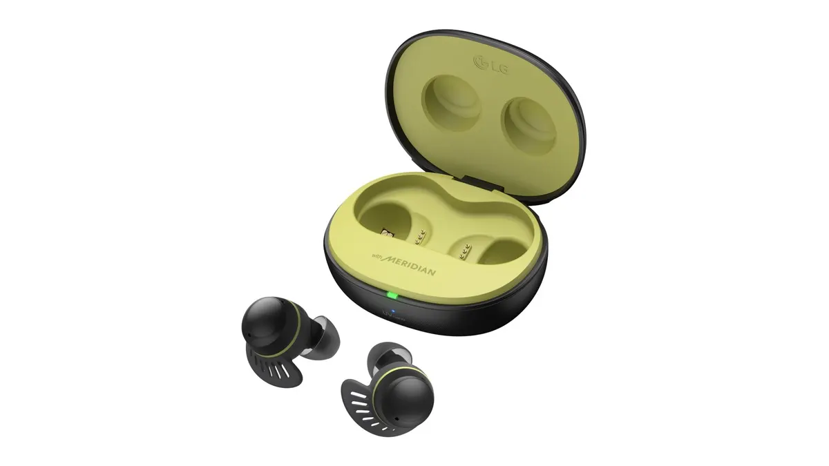 Die LG Tone Free Fit DTF7Q mit Ladecase vor weißem Hintergrund.