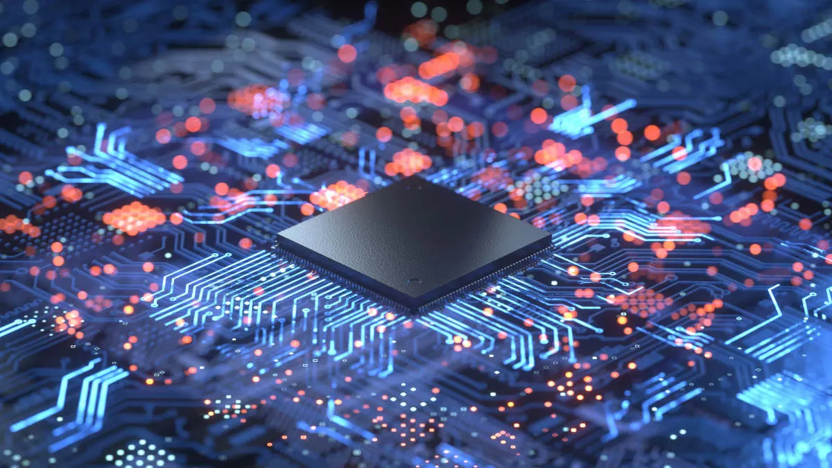 Ein 3D-Render eines Prozessors auf einem Mainboard mit leuchtenden Leiterbahnen. 