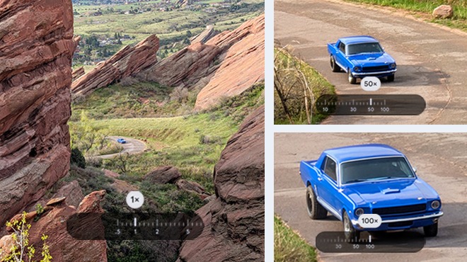 Drei Fotos derselben Szene zeigen einen blauen Oldtimer, der auf einer kurvigen Straße durch eine Felsenlandschaft fährt – einmal weit entfernt, einmal näher und einmal stark herangezoomt, um die Zoomstärke der Pixel‑Kamera zu demonstrieren.