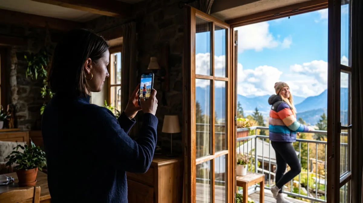 Eine Frau in einem dunklen Innenraum fotografiert eine andere Frau auf einem hellen Balkon mit dem Smartphone.