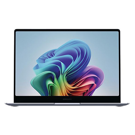 Flacher Samsung Laptop mit großem Display und farbenfroher, abstrakter Grafik auf hellem Hintergrund.