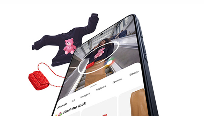 Stilisierte Darstellung der Circle to Search-Funktion, die ein auf dem Display eingekreisten Pullover via Google sucht.