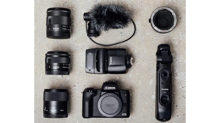 Dargestellt sind drei schwarze Canon-Kameraobjektive, ein Mikrofon mit Windschutz, ein Blitzgerät, ein Adapter, ein Stativ und eine Kamera.