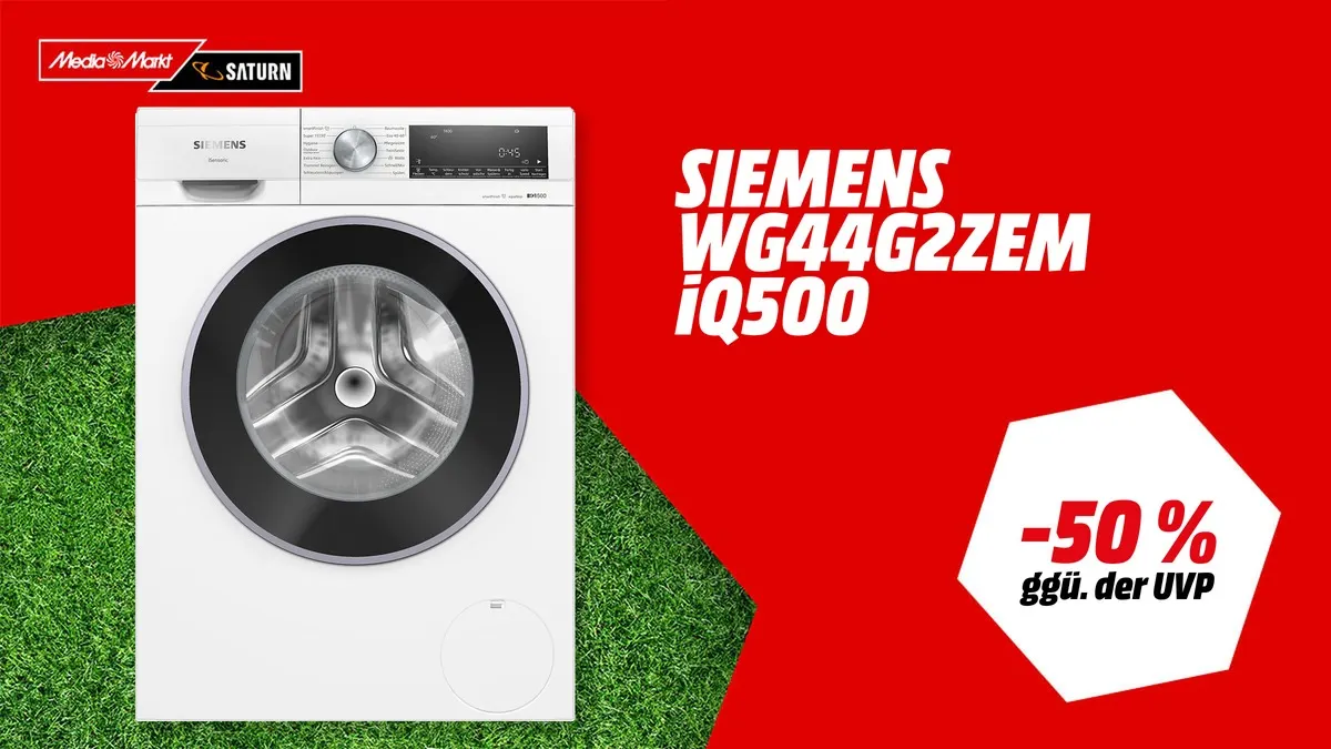 SIEMENS WG44G2ZEM iQ500 Waschmaschine in Weiß — WM-Angebot mit -50 % (ggü. der UVP) bei MediaMarkt