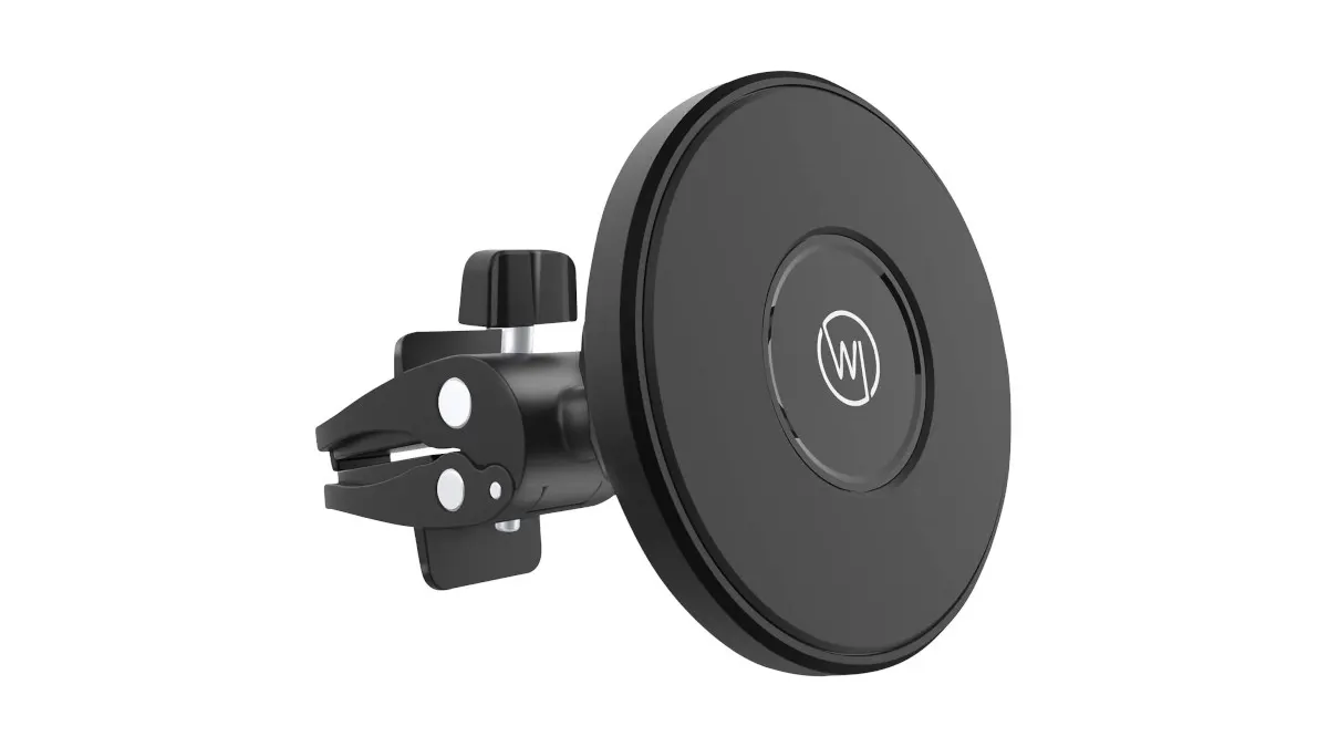 Ein schwarzer, magnetischer Handyhalter mit Lüftungsschlitzbefestigung ist vor einem weißen Hintergrund zu sehen.