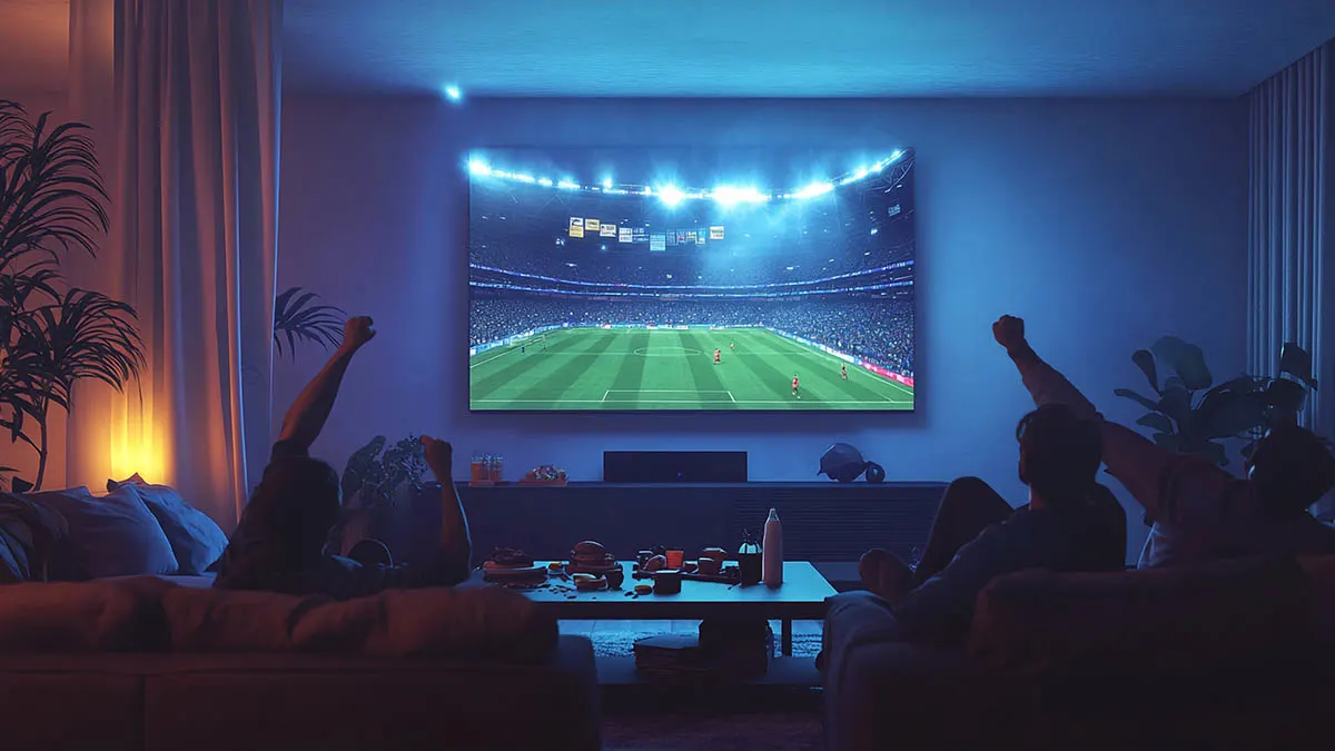 Jubelnde Personen sitzen im Wohnzimmer und schauen ein Fußballspiel auf einem großen Fernseher.