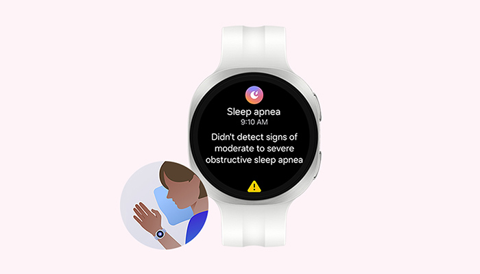 Galaxy Watch9 mit Schlafapnoe-Erkennung auf dem Display. Gesundheitsfunktion zur Analyse nächtlicher Atemaussetzer. 