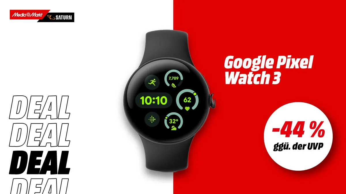 Die Google Pixel Watch 3 und Hinweis auf 44 Prozent gegenüber der UVP auf weiß-rotem Hintergrund.