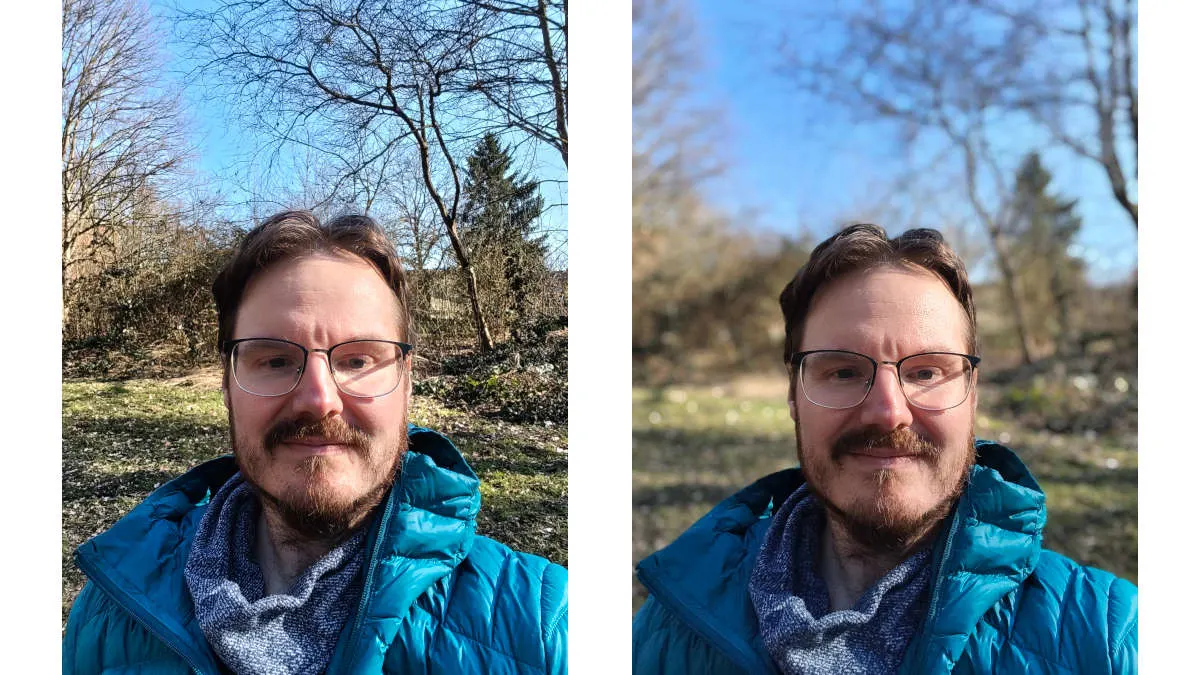 Zwei Selfies von Michael, fotografiert mit der Frontkamera des Smartphones Redmi Note 15 Pro 5G. Links ohne Bokeh-Effekt, rechts mit Bokeh-Effekt.