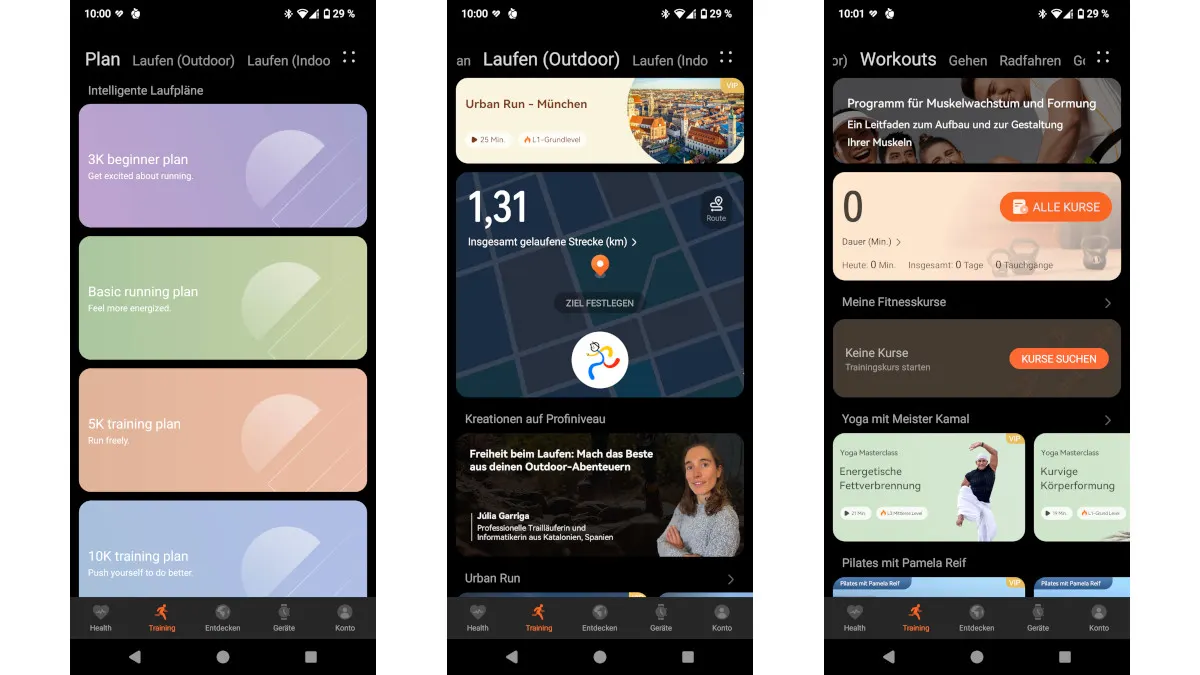 Screenshots aus dem Reiter „Training“ in der Huawei-Health-App.