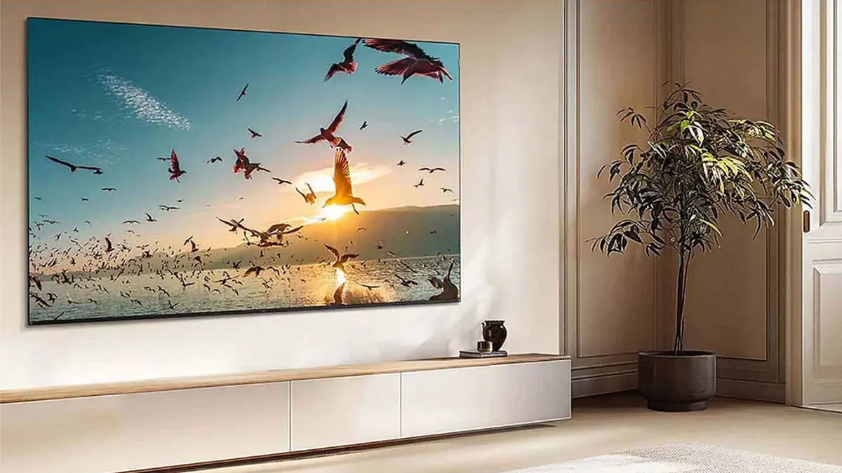 Der Fernseher TCL 65P7K hängt an einer Wand über einem hellen TV-Board. Das TV-Bild zeigt fliegende Vögel vor dem Sonnenuntergang über dem Meer.