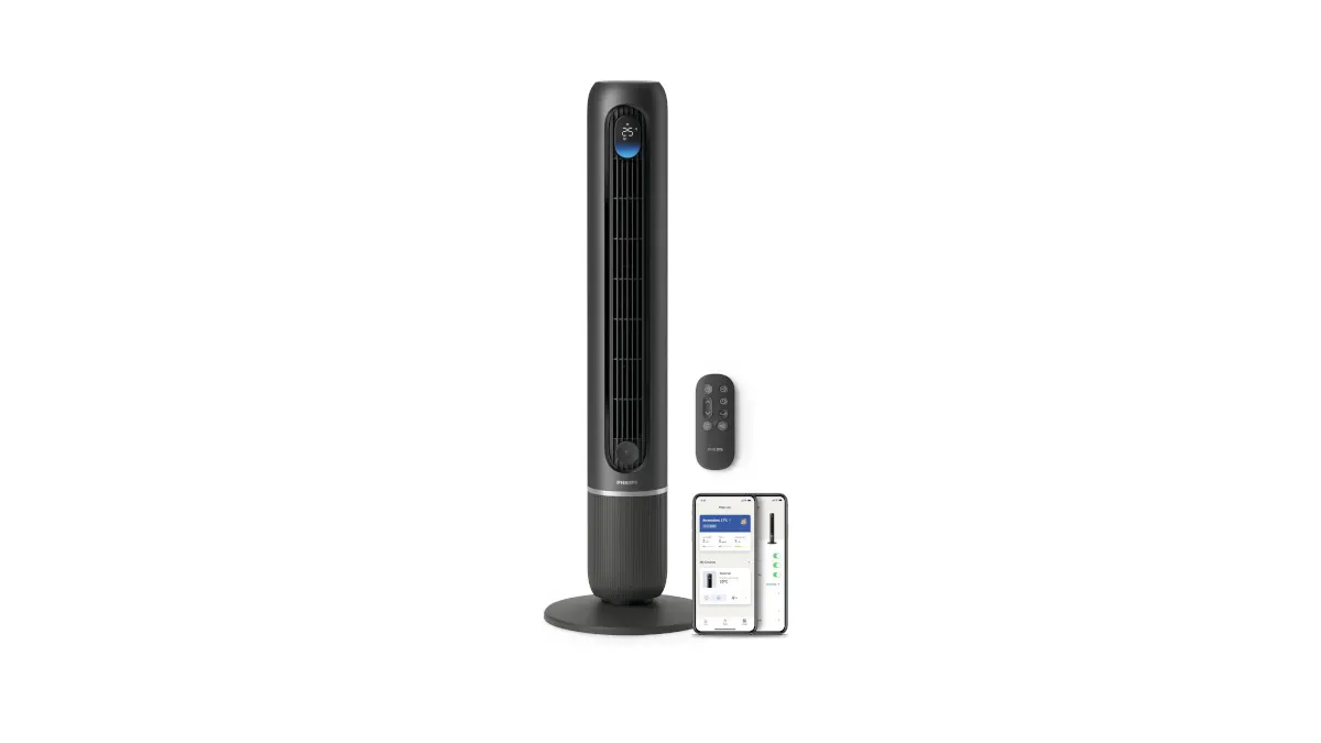 Der Turmventilator Philips CX7550/01 7000 Series steht vor einem weißen Hintergrund.