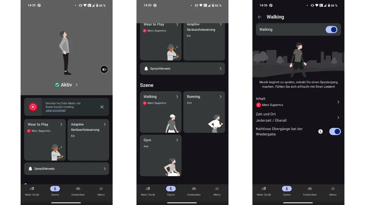 Zwei Screenshots der Scene-based-Listening-Funktion in Sonys Kopfhörer-App Sound Connect. 