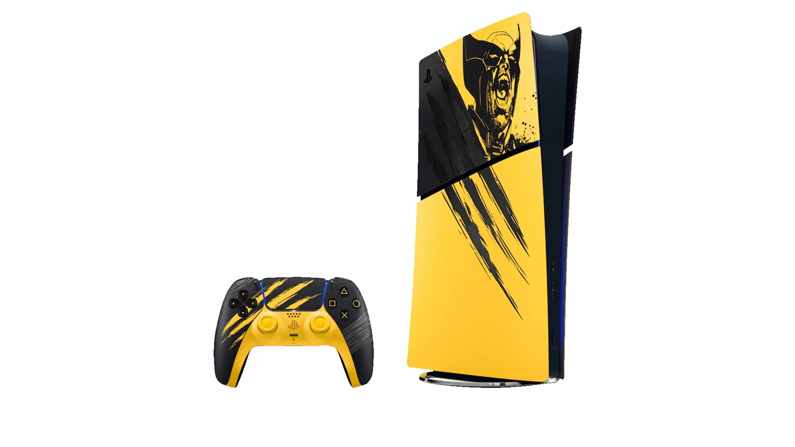 SONY PS5 Marvel's Wolverine Limited Edition Bundle: Gelb-schwarze PS5-Konsole mit Wolverine-Porträt, passender gelb-schwarzer DualSense-Controller, Frontansicht.
