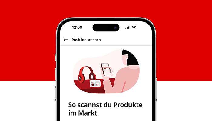Auf einem Smartphone wird eine Funktionalität der MediaMarkt App angezeigt mit dem Text: "So scannst du Produkte im Markt".