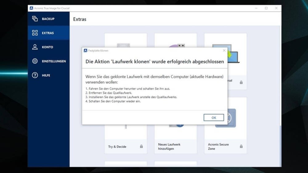 Erfolgreich-abgeschlossen-Fenster ploppt in der Acronis-Software auf
