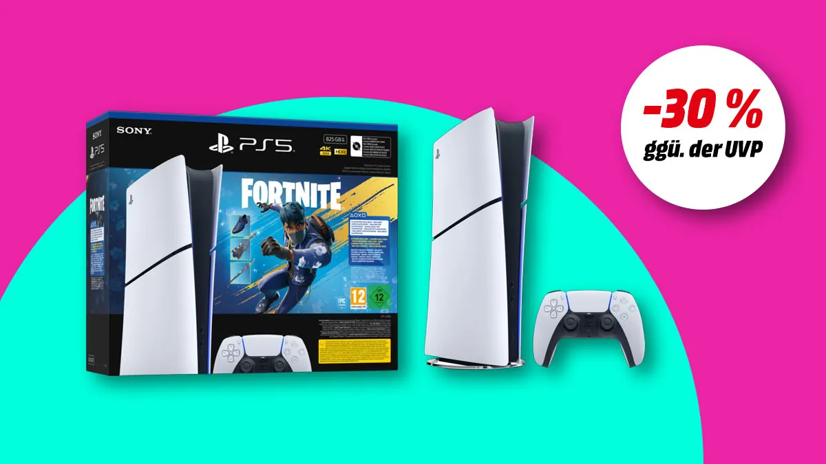 PlayStation 5 Digital Fortnite-Bundle und Hinweis auf 30 Prozent Rabatt gegenüber UVP auf buntem Hintergrund. 