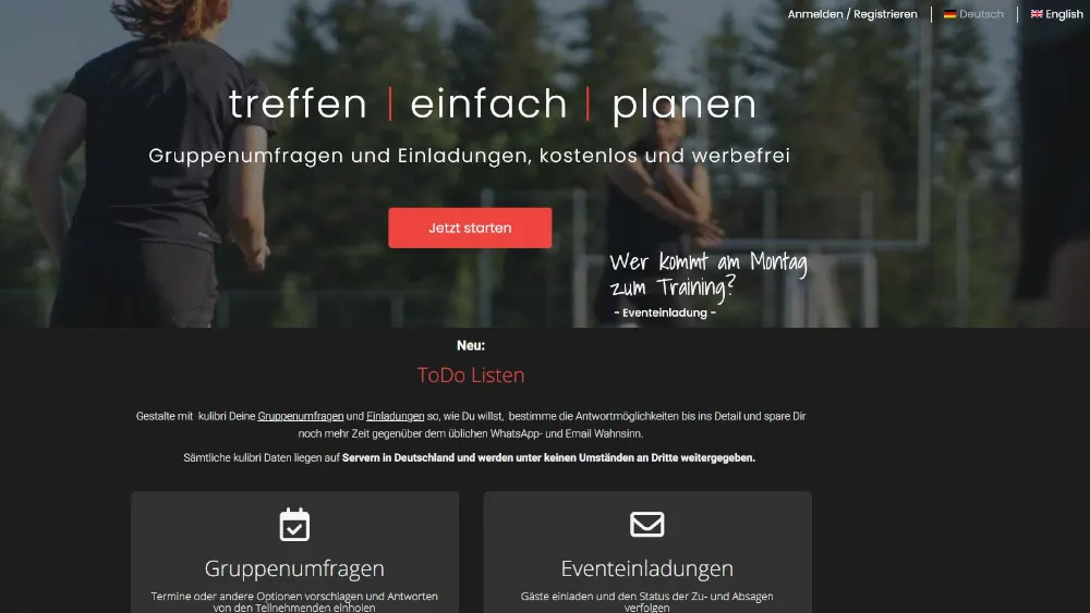Die Website bietet Gruppenumfragen und Einladungen mit schwarzem Hintergrund und Text in Weiß und Rot. Es gibt zwei Personen.