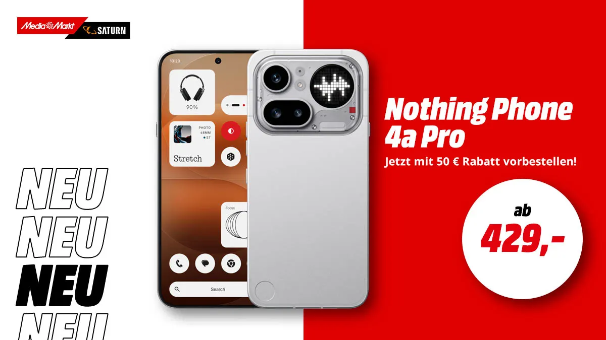 Das Nothing Phone 4a Pro und Hinweis auf 50 € Rabatt bei Vorbestellung.