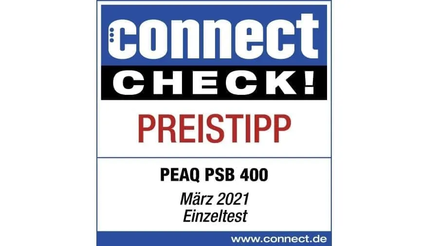 Logo mit blauem "connect"-Schriftzug, schwarzem "CHECK!" und rotem "PREISTIPP", PEAQ PSB 400, März 2021 Einzeltest und www.connect.de.