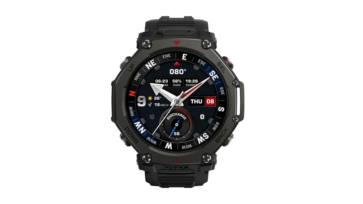 Die Amazfit T-Rex 3 Pro vor weißem Hintergrund.