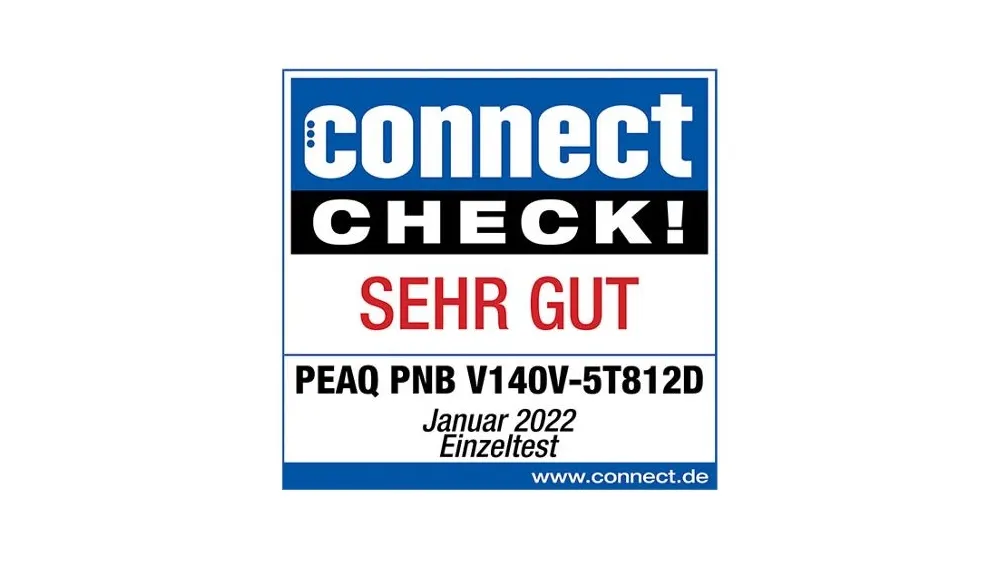 Logo „connect CHECK! SEHR GUT PEAQ PNB V140V-5T812D Einzeltest Januar 2022 www.connect.de“ auf weißem Hintergrund.