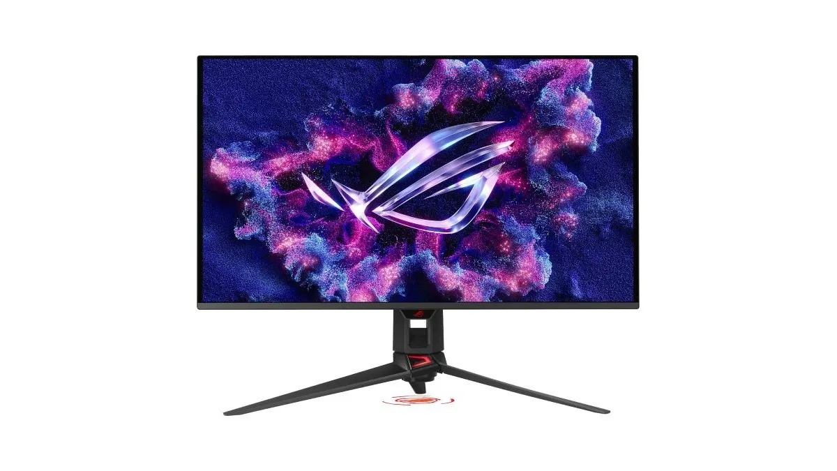 Der Asus ROG Swift OLED PG27UCDM vor weißem Hintergrund.