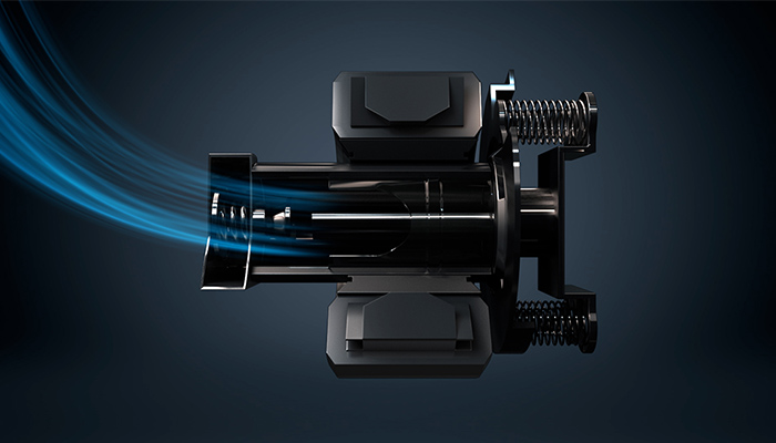 Schwarze Mechanik mit Federn und blauen Lichteffekten auf dunklem Hintergrund. Technische Darstellung mit Fokus auf Details.