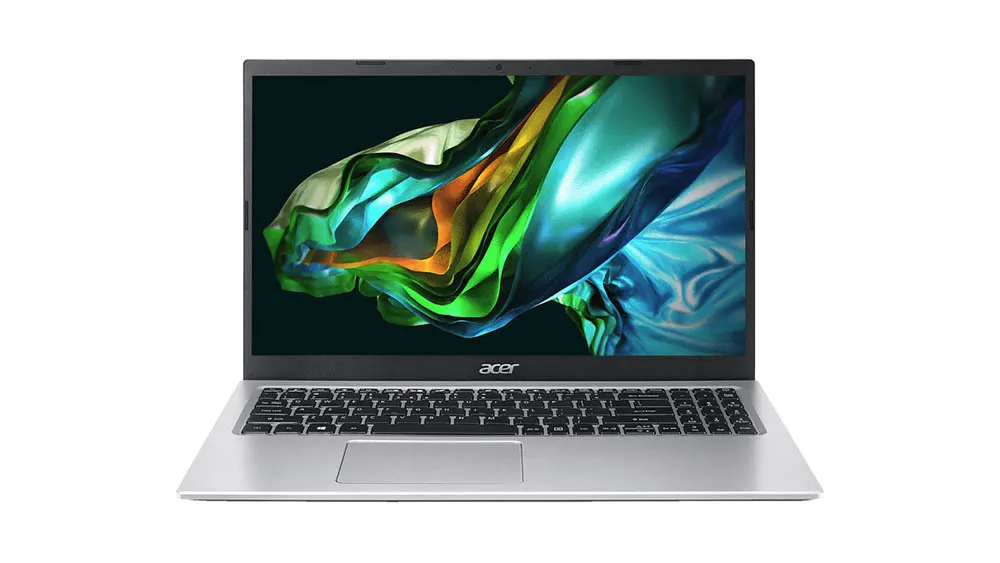 Ein silberner Acer-Laptop ist geöffnet. Der Bildschirm zeigt ein abstraktes, mehrfarbiges Design in Grün, Blau und Orange. Die Tastatur ist schwarz.