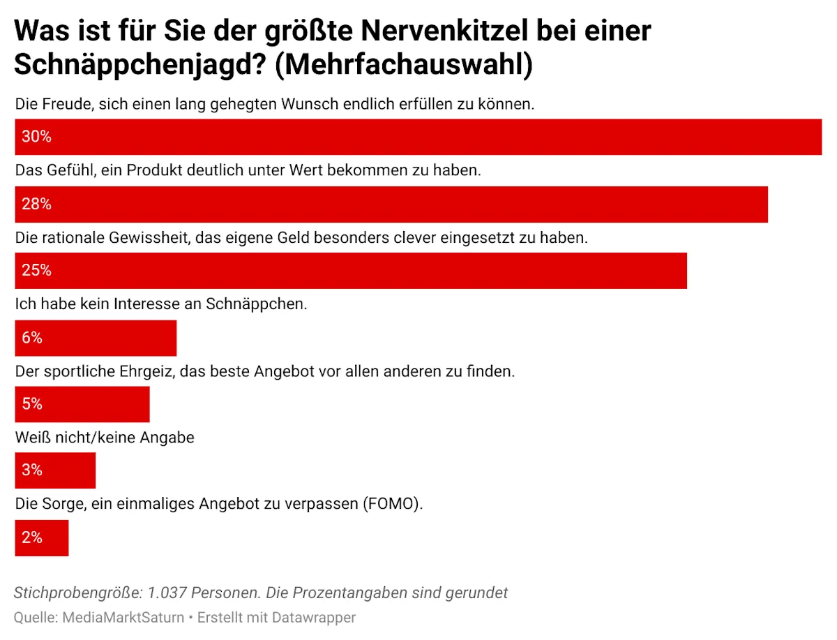 Balkendiagramm: Gründe für Nervenkitzel beim Schnäppchen: Wunsch erfüllen 30%, Produkt unter Wert 28%, Geldeinsatz 25%, kein Interesse 6%, Ehrgeiz 5%, weiß nicht 3%, FOMO 2%.