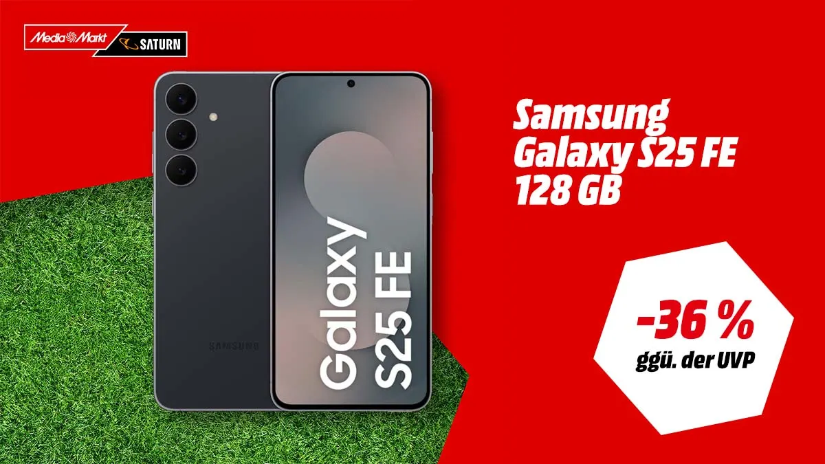 Das Samsung Galaxy S25 FE und Hinweis auf 36 Prozent Rabatt ggü. der UVP.