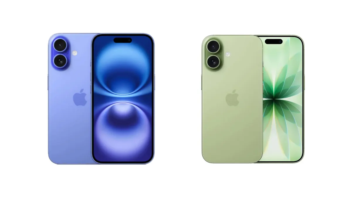 Ein blaues iPhone 16 neben einem hellgrünen iPhone 17.