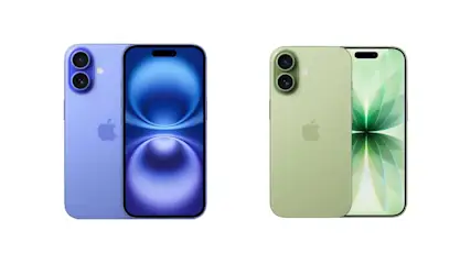 Ein blaues iPhone 16 neben einem hellgrünen iPhone 17.