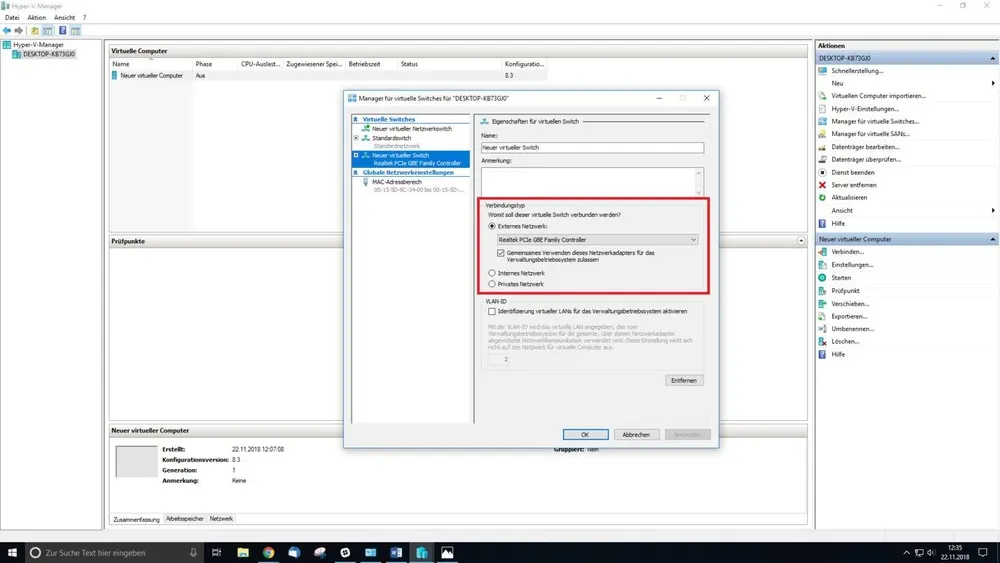 Fenster mit Hyper-V-Manager-Softwareoberfläche, Dialogfeld zur Konfiguration eines virtuellen Switches mit Optionsfeldern und Textfeldern.
