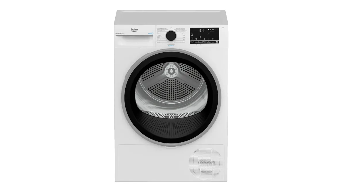 Der Trockner Beko B3T3249S steht vor einem weißen Hintergrund.
