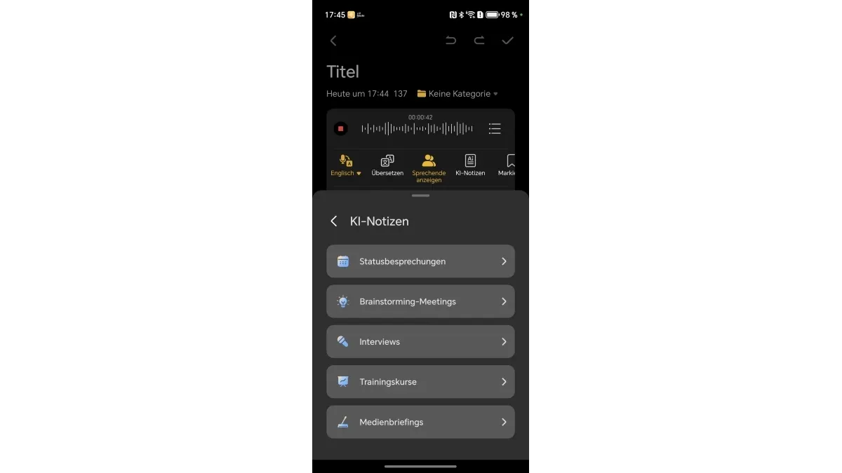 Screenshot der App AI Notes auf dem Honor Magic7 Pro.