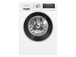 Moderne weiße Frontlader-Waschmaschine mit großem Bullauge und Display.