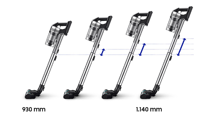 Vier silberne Staubsauger in verschiedenen Längen von 930 mm bis 1.140 mm, mit blauen Pfeilen zur Höhenverstellung.